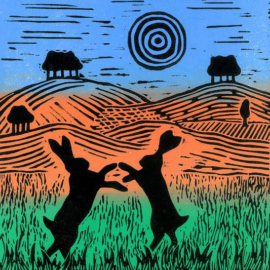 A Boxing Hares Greeting Card by Joanna Padfield for sale at the Sanders and Christie Gallery in Sheringham.