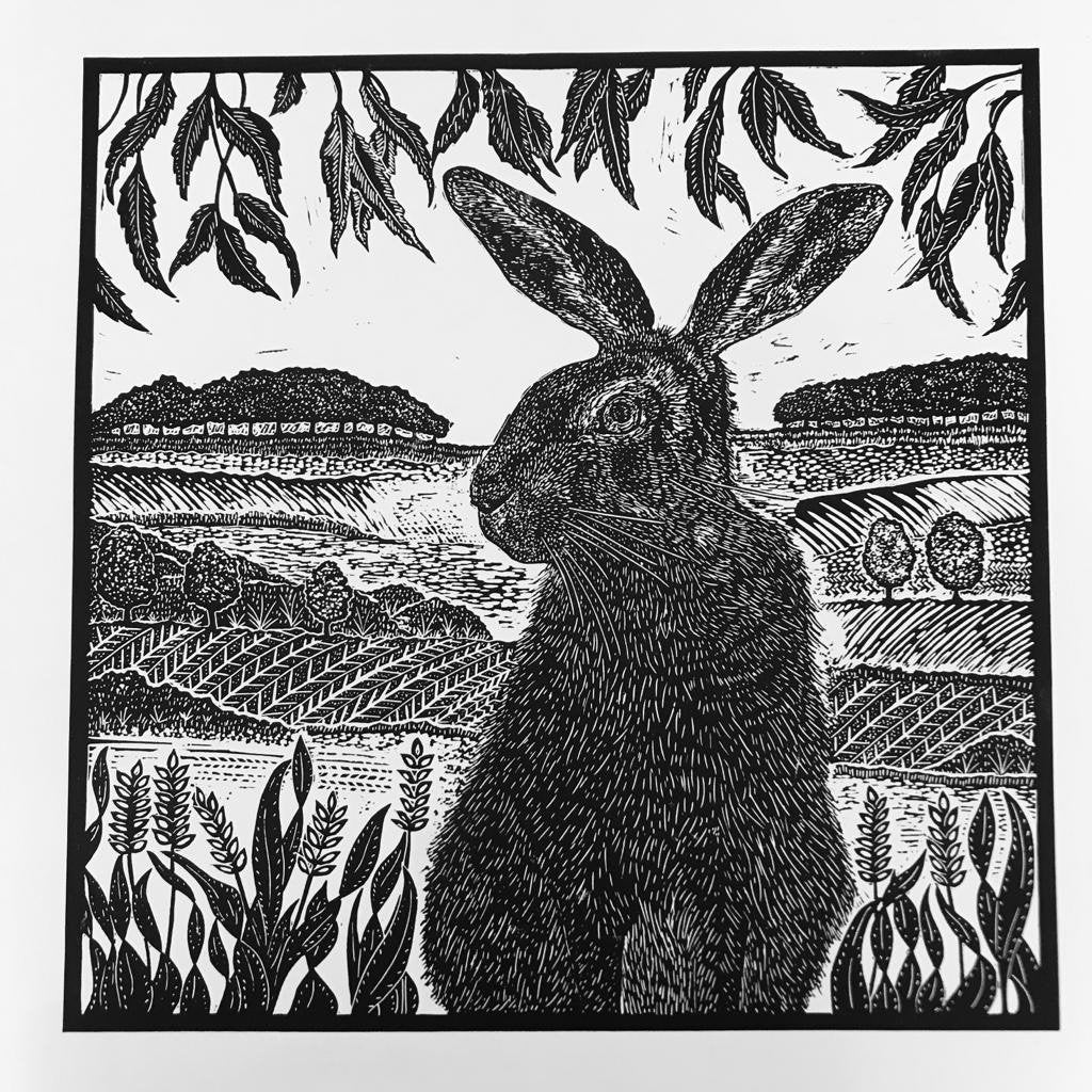Morning Hare Lino Print by Joanna Padfield