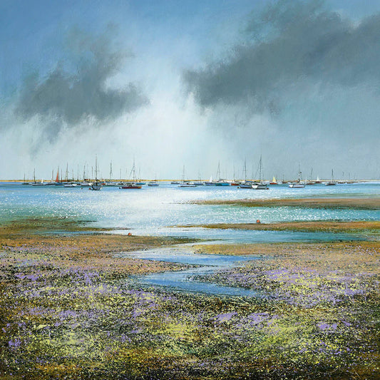 This Boats at Blakeney Greetings Card by Michael Sanders is available to purchase online from the Sanders and Christie Gallery.