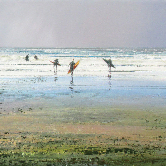 This Surfers at Cromer Greetings Card by Michael Sanders is available to purchase online from the Sanders and Christie Gallery.