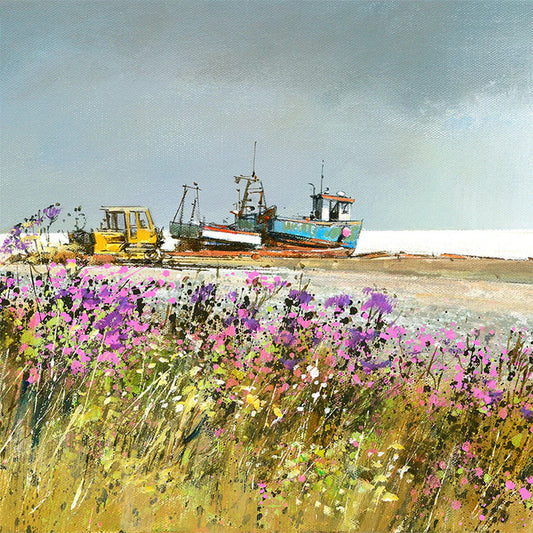 This Fishing Boats, Aldeburgh Greetings Card by Michael Sanders is available to purchase online from the Sanders and Christie Gallery. 