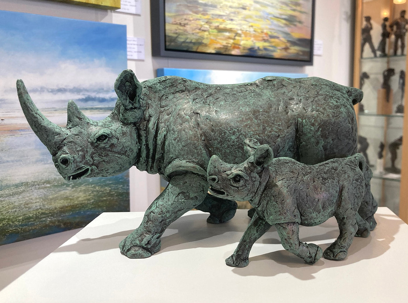 Rhino and Calf limited edition cold cast bronze sculpture - verdigris by Jonathan Sanders
