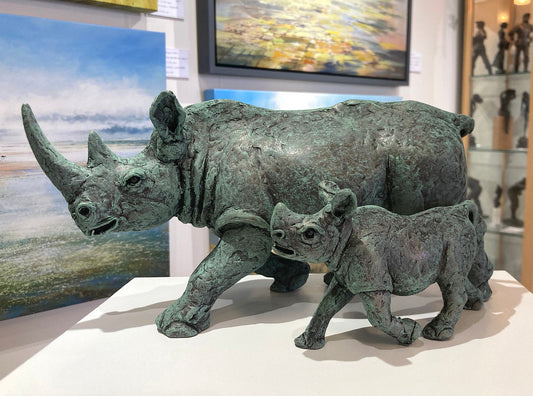 Rhino and Calf limited edition cold cast bronze sculpture - verdigris by Jonathan Sanders